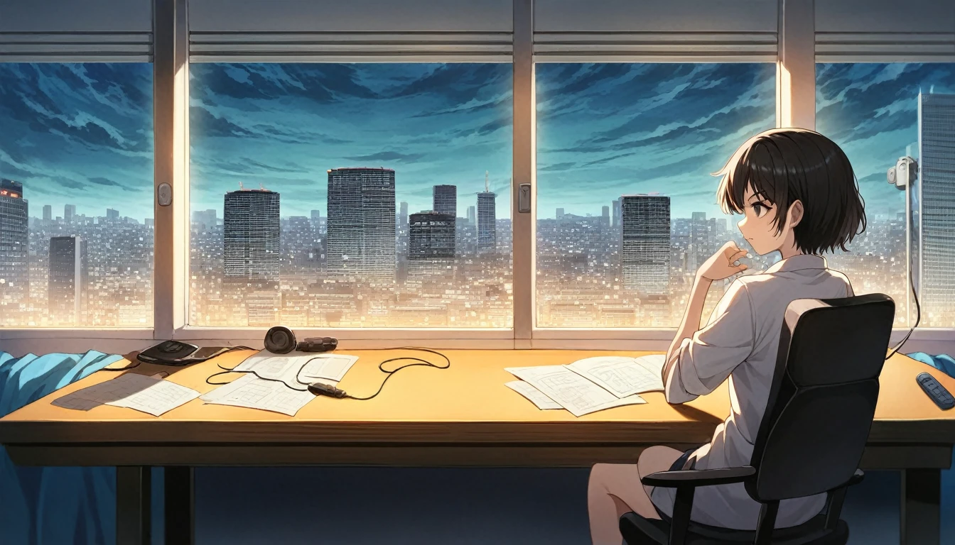 Gaming Chair、Gaming Room、Large windows、One-sided window、Back view、night、Anime girl sitting at a desk in front of a window with a city view, Anime Background art, Anime Aesthetics, Anime Background, Anime atmosphere, anime wallpaper 4k, anime wallpaper 4k, Anime Aesthetics, 4k anime wallpaper, anime art wallpaper 4k, anime art wallpaper 4k, Anime Art Wallpapers 8K, Anime Girl Desktop Backgrounds, Awesome Wallpapers