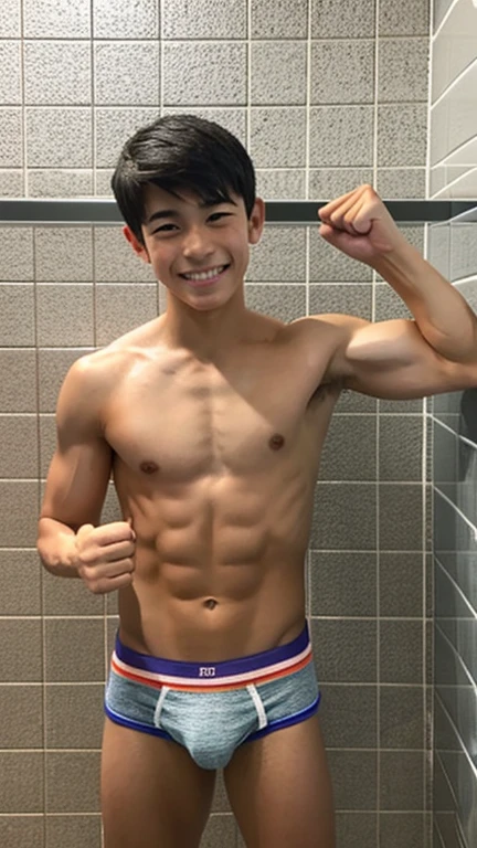 Japanese men、、Muscles and smooth skin、Swimmers、Very short black hair、A relaxed and friendly smile、colorful boxer briefs、The whole body is well visible、Fist pump in the bathroom、