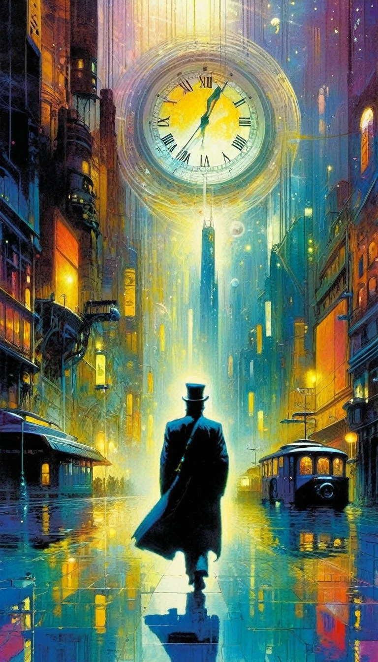 clock world: 1.5, futuristic world: 1.5, surrealism, impressionism, art inspired by Bill Sienkiewicz