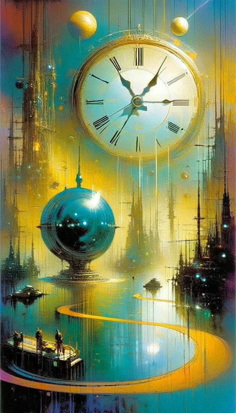 clock world: 1.5, futuristic world: 1.5, surrealism, impressionism, art inspired by Bill Sienkiewicz
