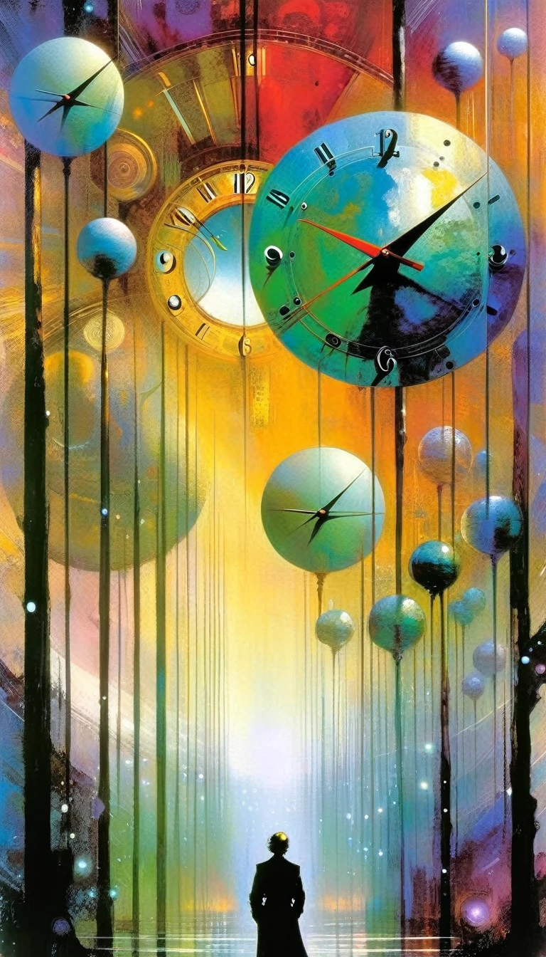 clock world: 1.5, futuristic world: 1.5, surrealism, impressionism, art inspired by Bill Sienkiewicz