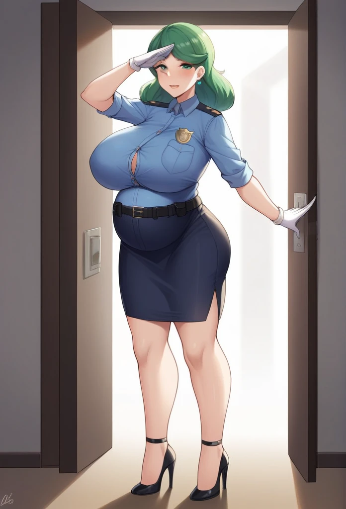 score_9, score_8_up, source_anime Bibl3, mature woman standing at attention, salute, solo 1girl( jenny (pokemon), police uniform, belt, pencil skirt, white gloves, high heels, milf, large breasts, huge breasts, swollen breasts, big ass, green hair, pregnant, nervous expression, embarrassed, exposed belly), doorway of office, morning, contrast lighting, natural lighting, full body, 