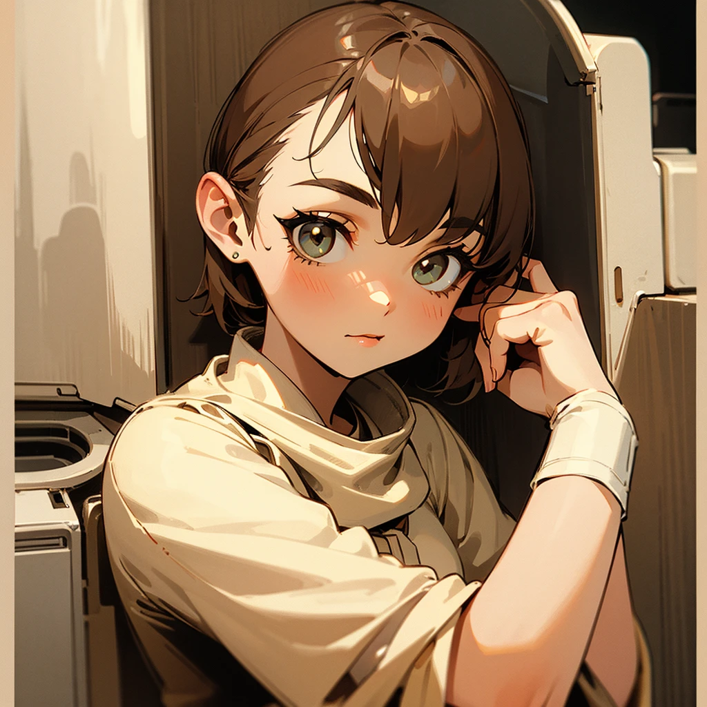 Gamer girl with vintage style, in cream, brown, and white tones