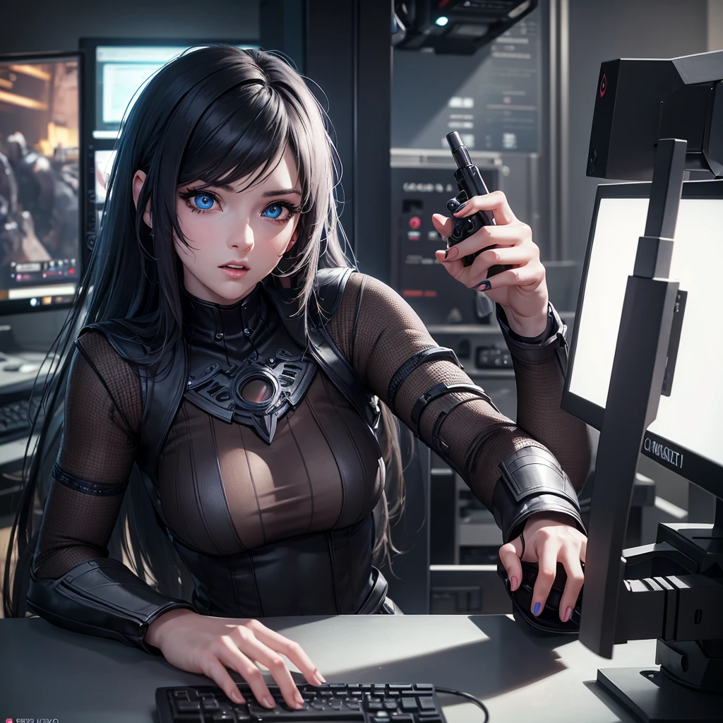 a female gamer sitting at a computer desk, surprised expression, detailed facial features, beautiful eyes and lips, long eyelashes, detailed hands and fingers, gaming setup with computer and peripherals, dramatic lighting, cinematic composition, digital art, hyper realistic, 8k, highly detailed, masterpiece