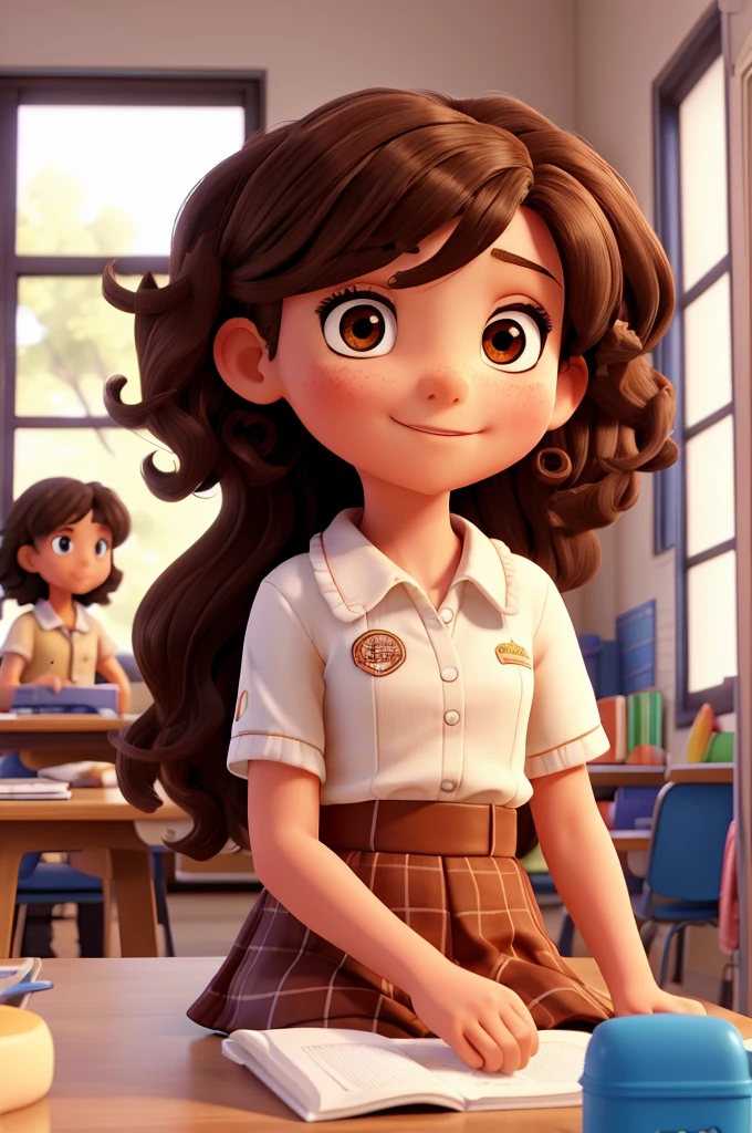 Create a picture of a girl about 10 years old with dark brown curly hair. She has a beautiful, clear, detailed face with big brown eyes. The girl is at school, sitting at a lunch table. Include elements such as school desks and chairs, a colorful lunch box, and some classmates in the background. The atmosphere should be bright and cheerful, with vibrant colors.