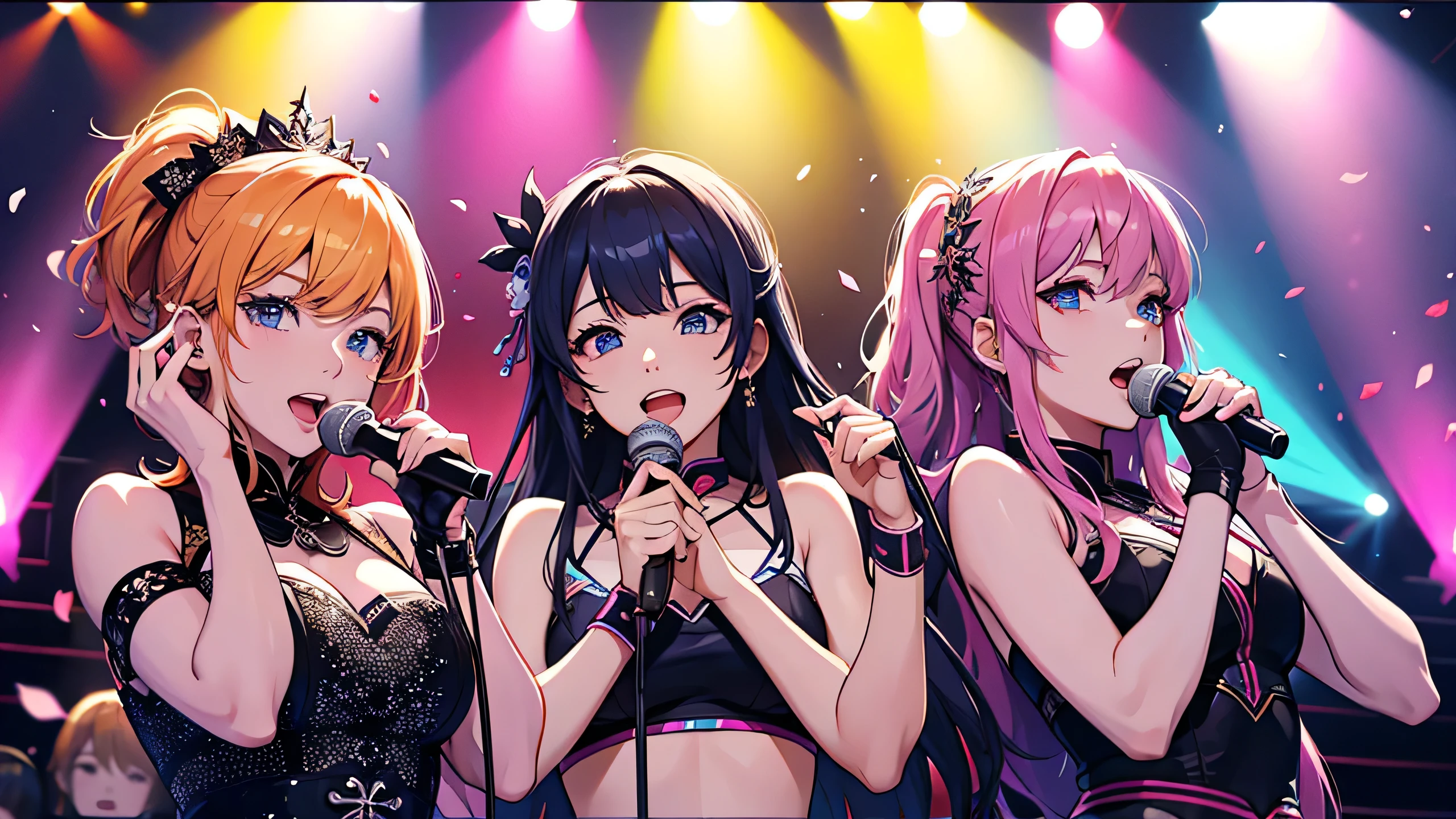 Idol group singing。on stage。A colorful world。Close-up of face。