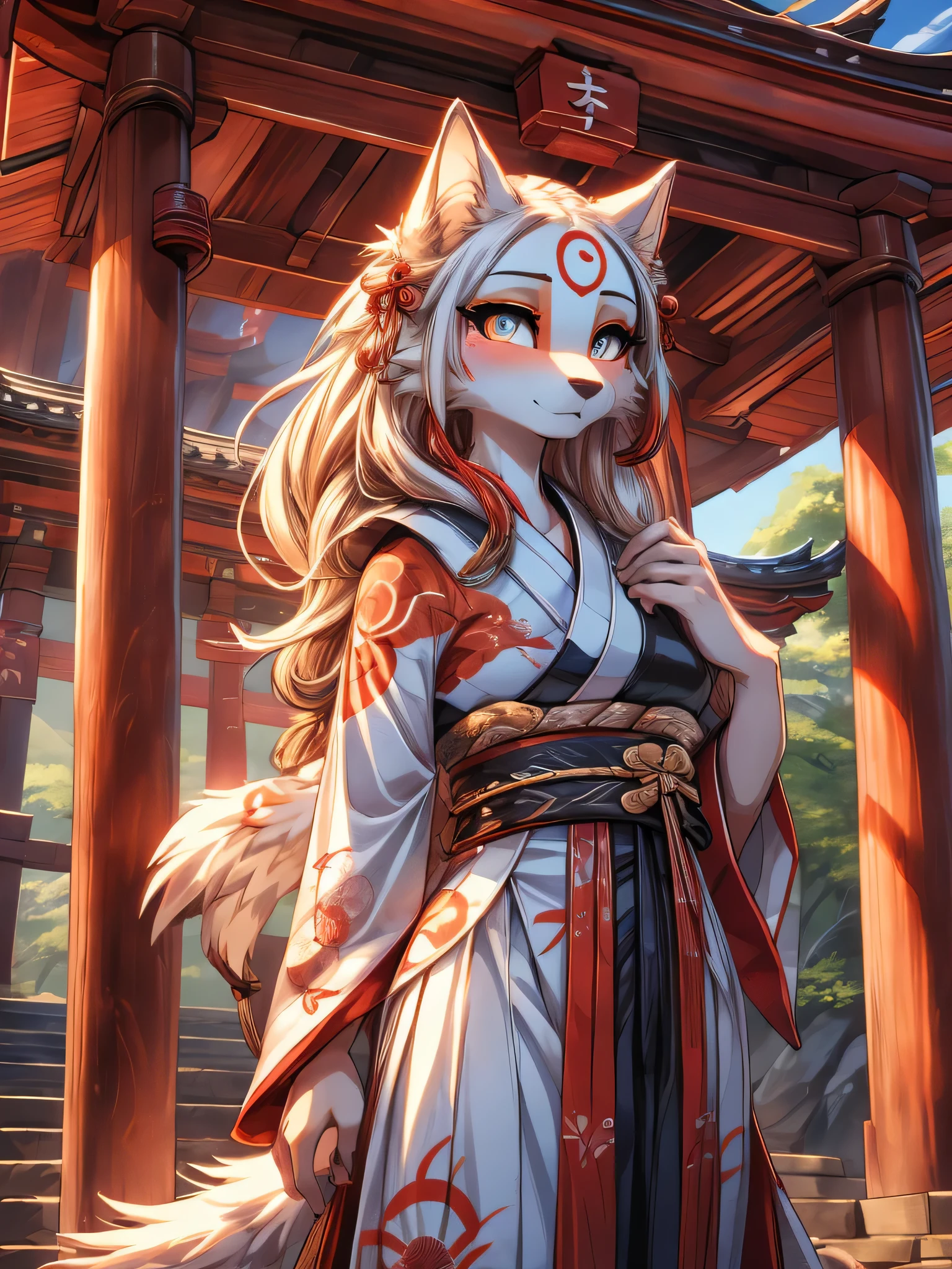 Kistune amaterasu Okami, add high definition_detagregate_detail:1, japanese shrine scenery add_detail:1, Whole body_detail, under a tori gate, super detailed pupils, beautiful eyes, bright pupils