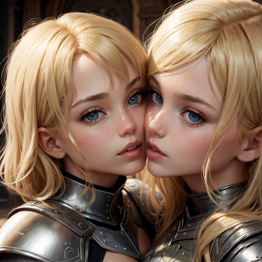 Blond girls on armor kiss