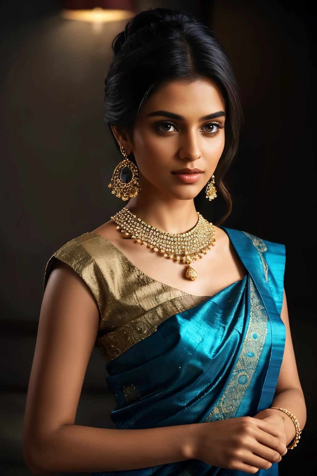 In this photograph, an Indian Instagram female model in her mid-20s takes hugging her self. (highly detailed face:1.4) (smile:0.7) (background 5-star hotel, moody, private study:1.0V, by Lee Jeffries, Nikon D850, film stock photograph, 4 Kodak Portra 400, camera f1.6 lens, rich colors, hyper-realistic, lifelike texture, dramatic lighting, Cinestill 800, realistic). She is wearing a traditional blueberries saree that exudes elegance and sophistication. The saree features a vibrant and intricate design with rich colors and detailed patterns, draped gracefully around her. The blouse is sleeveless but with intricate embroidery and beadwork, complementing the saree’s luxurious fabric. She is tying her hair with raised hands, Completing her look, she adorns herself with traditional jewelry, including bangles, earrings, and a necklace. The model's hair is styled in a classic bun with jasmine flowers, adding a modern twist to her traditional attire. 

The photograph is meticulously captured in 8K resolution using cutting-edge techniques such as Cinema 4D and Octane Render, resulting in a highly detailed and photorealistic image. Studio lighting, HDR, and a smoky mist create a captivating ambiance, while the bokeh effect adds an artistic touch.
