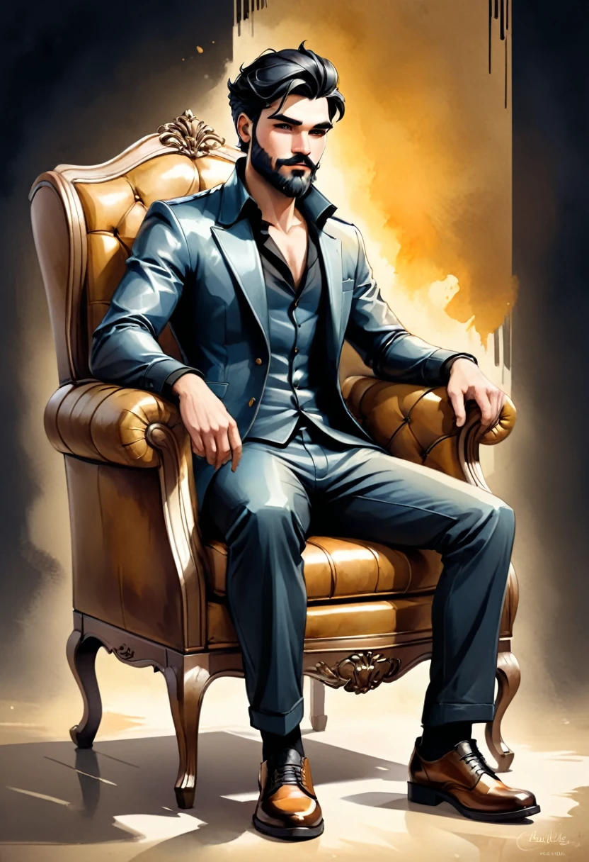 Full-length illustration, portrait, 1man, black hair, beard, leather armchair, (digital art), watercolor ink, (ultra quality:1.3), masterpiece, (very detailed), HDR, 8K, abstract art, (by Charlie Bowater:0.9), (Maciej Kuciara style), vintage background, black and gold theme, (depth of field), sharp focus, diffused lighting, backlighting, soft shadows, mixed media, trending on deviantart, award-winning art