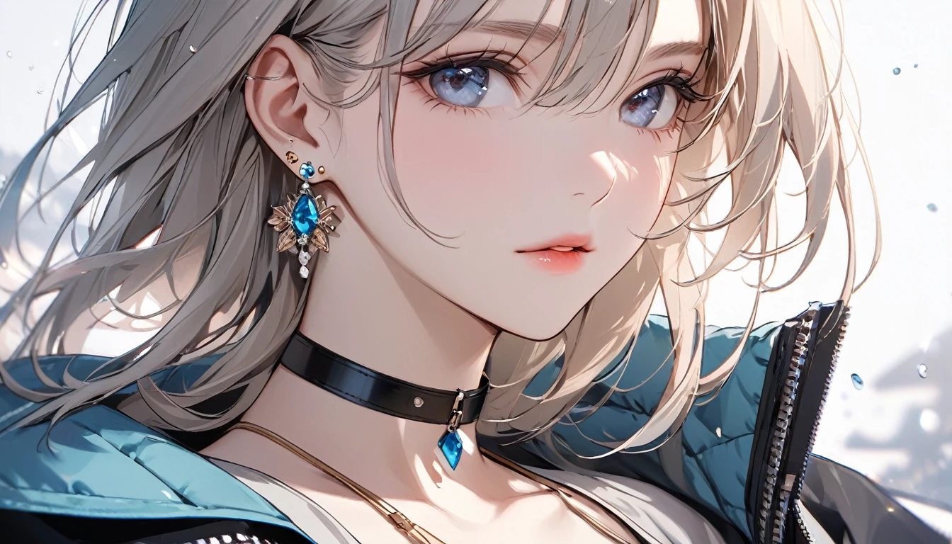 best quality, super_delicate, beautiful, 8k, jacket, earrings, choker, concept, close up