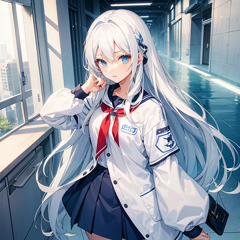 One girl, High school, , White hair with blue tips, light blue eyes, Highschool uniform, cute 