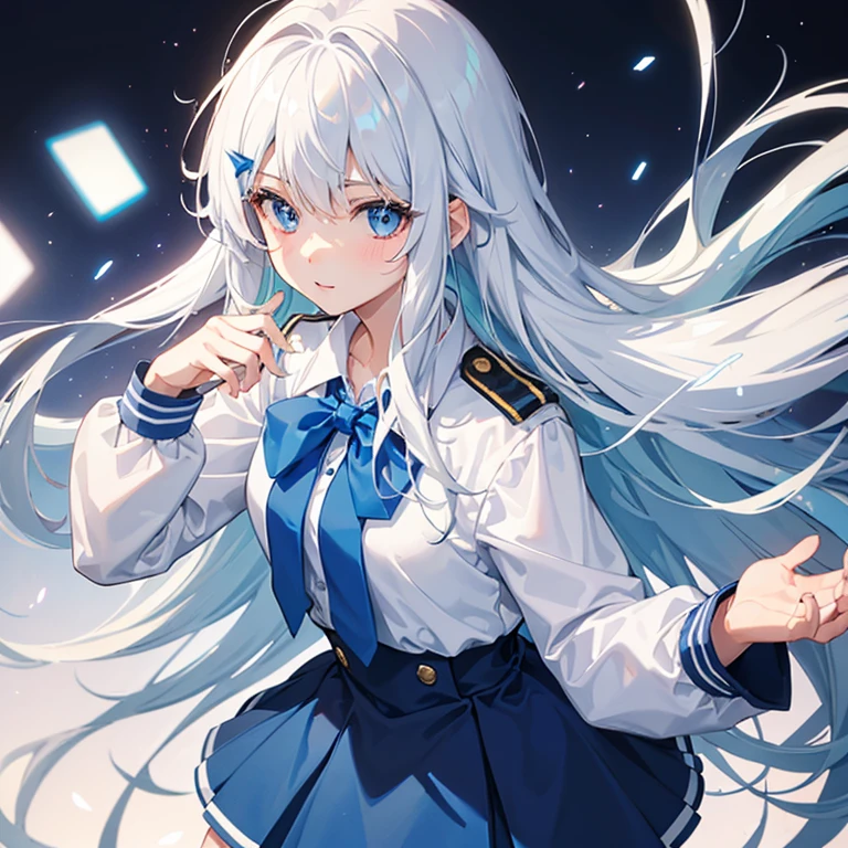 One girl, High school, , White hair with blue tips, light blue eyes, Highschool uniform, cute