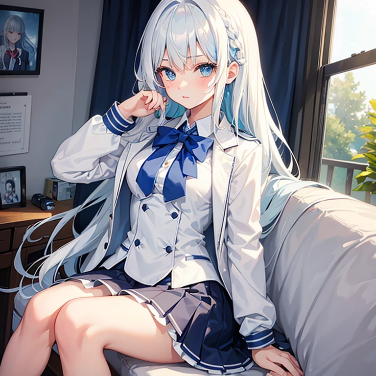 One girl, High school, , White hair with blue tips, light blue eyes, Highschool uniform, cute 