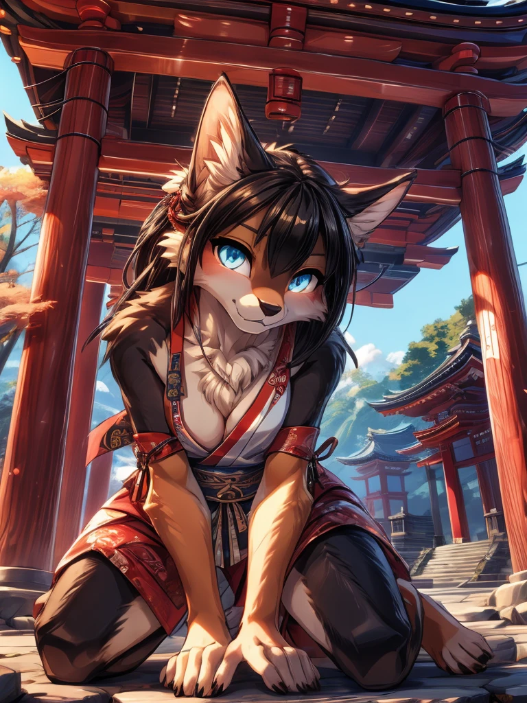 Kistune add high definition_detagregate_detail:1, japanese shrine scenery add_detail:1, Whole body_detail, under a tori gate, super detailed pupils, beautiful eyes, bright pupils, jack-o position