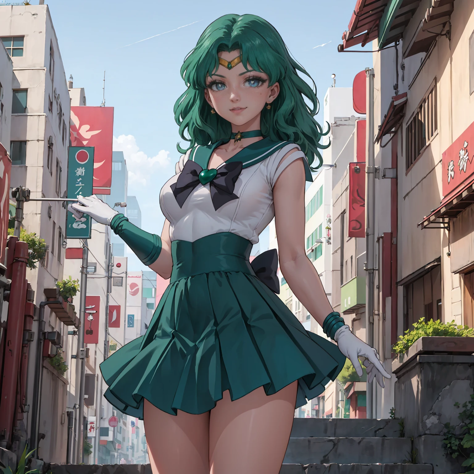 (((solo,1woman, mature, alone))), sailor neptune, ((dark green hair, medium hair, glowing aqua eyes, wide eyes, makeup, narrow waist, skinny, medium breasts)), pelvic curtain, ((sailor senshi uniform, chest bow, back bow, plead skirt, white elbow gloves, sailor collar)), full body, perfect body, (insanely detailed, beautiful detailed face, masterpiece, best quality), (extremely detailed 8k paper CG wall unit: 1.1), (Beautiful outdoor, outdoors, city, japan city dusk), (smile face for the viewer), underbutt, behind, from back