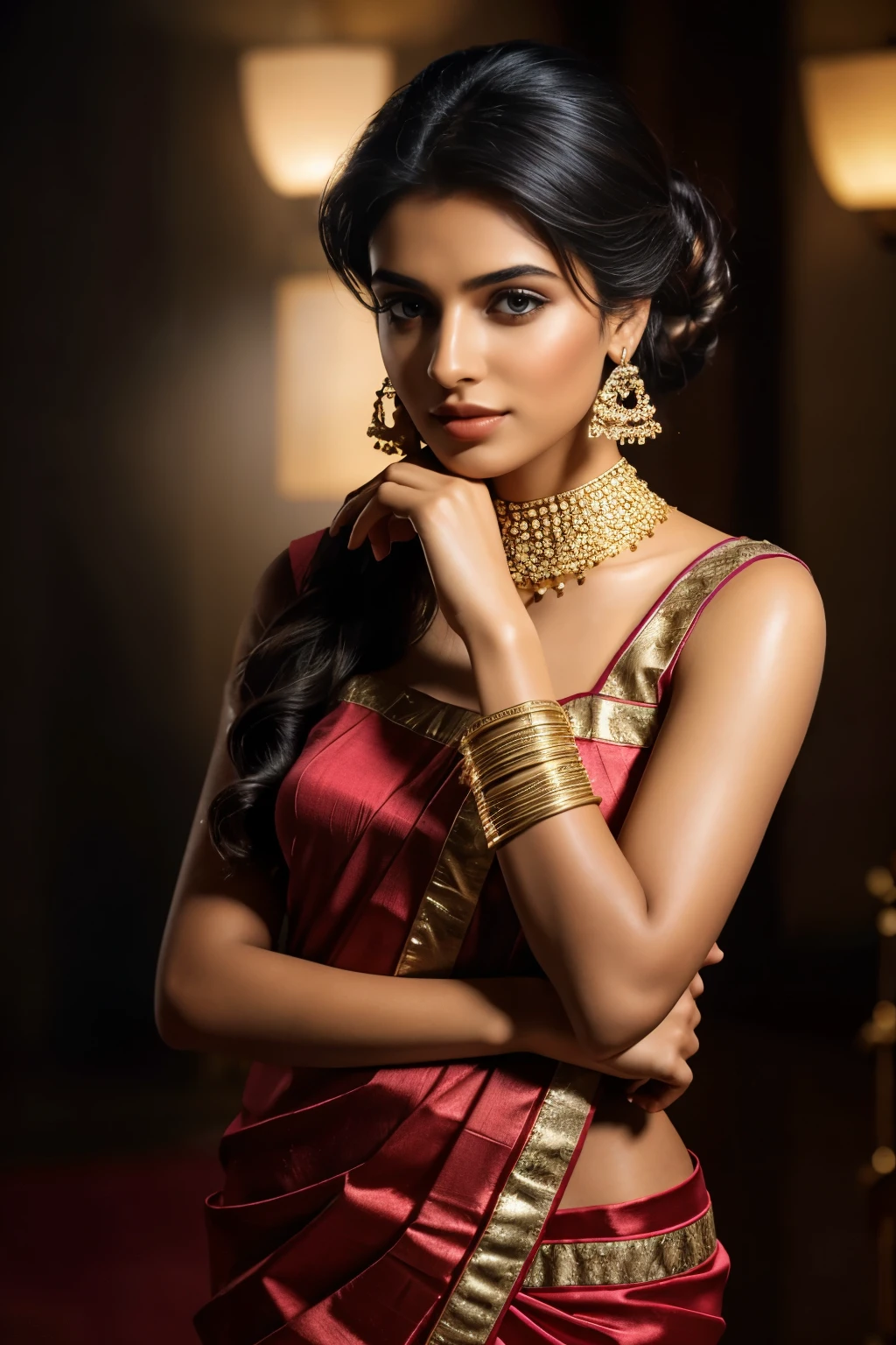 In this photograph, an Indian Instagram female model in her mid-20s takes hugging her self. (highly detailed face:1.4) (smile:0.7) (background 5-star hotel, moody, private study:1.0V, by Lee Jeffries, Nikon D850, film stock photograph, 4 Kodak Portra 400, camera f1.6 lens, rich colors, hyper-realistic, lifelike texture, dramatic lighting, Cinestill 800, realistic). She is wearing a traditional strawberry saree that exudes elegance and sophistication. The saree features a vibrant and intricate design with rich colors and detailed patterns, draped gracefully around her. The blouse is sleeveless but with intricate embroidery and beadwork, complementing the saree’s luxurious fabric. She is tying her hair with raised hands, Completing her look, she adorns herself with traditional jewelry, including bangles, earrings, and a necklace. The model's hair is styled in a classic bun with jasmine flowers, adding a modern twist to her traditional attire.
The photograph is meticulously captured in 8K resolution using cutting-edge techniques such as Cinema 4D and Octane Render, resulting in a highly detailed and photorealistic image. Studio lighting, HDR, and a smoky mist create a captivating ambiance, while the bokeh effect adds an artistic touch.