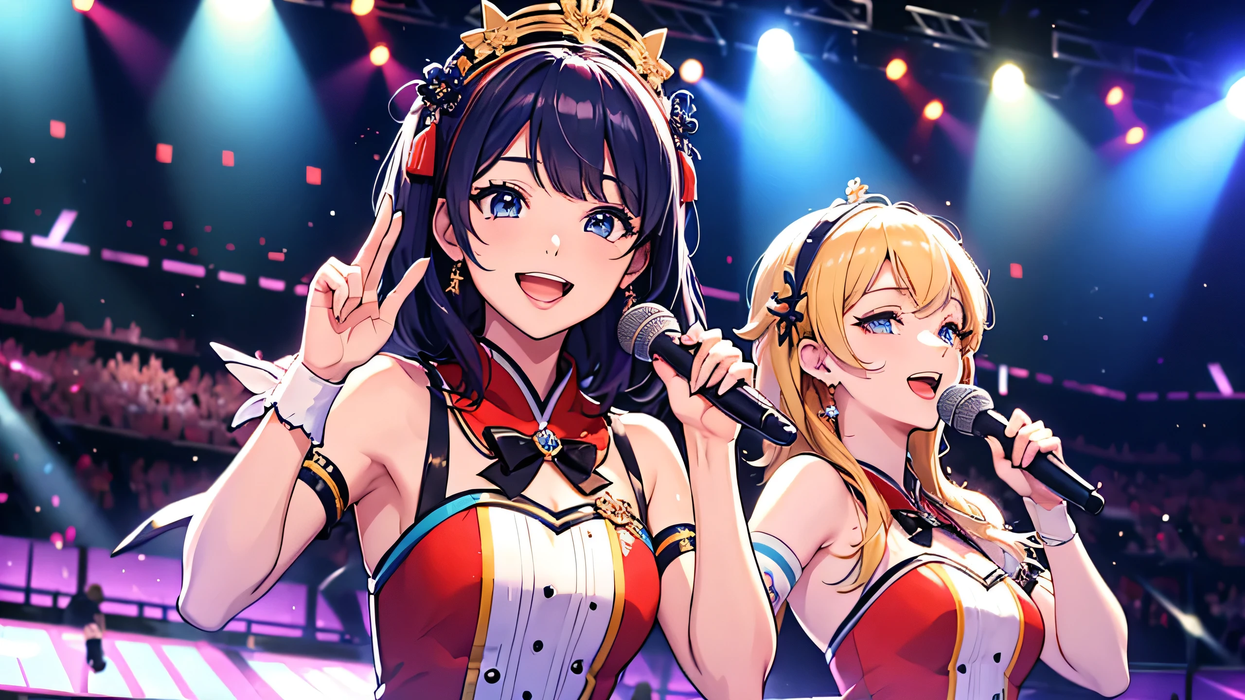 Idol group singing。on stage。A colorful world。Close-up of face。smile。wave hands。