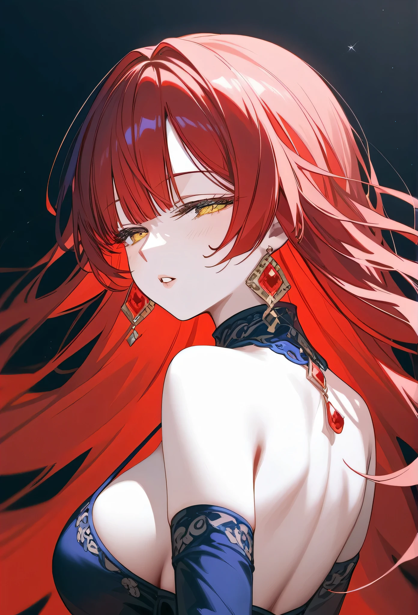 masterpiece, check_9, check_8_up, check_7_up, back view, 1 woman, One, Red hair, long straight hair, long bangs with parting, Golden eyes, slanted half-closed eyes, parted lips, inexpressive, pale skin, Big breasts, upper body, upper body
Long open bangs, с рOneкой под ртом,without bangs, layeRed hair.