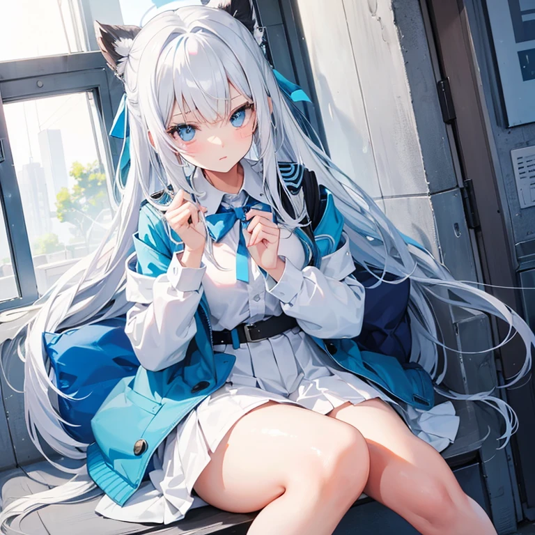 Ark of tomorrow style，finely quality eyes，good eyes looking，Heterochromic pupils，solo person，Ark of Tomorrow，one-girl，Black off-the-shoulder sweater, backless outfit,Starry sky,clusters of stars,Ray tracing,{Best quality}, {{Masterpiece}}, {A high resolution}, Original, Extremely detailed 8k wallpaper, {An extremely delicate and beautiful},,incredibly_absurderes,Colorful,intricately details,art book,,incredibly_absurderes,Ray tracing,Perspective,Wide shot,Overall view,,A high resolution,Game CG,short_Hair,cat_hor ears,White_Hair/White_Eyes,Detail fingers,Hands in hair,pigeon-toed,Pout,Blush,Eyes visible through hair,off-shoulder sweater,White_wind coat,Superskirt,White pantyhose,White cat ears，（((long  white hair)))，White tail，reaching out her hands，W cut sitting position，(((a black trench coat)))，(((White sailor collar)))，White pupils，Black hairpin，Post-industrial buildings，4K，Master picture quality，Texture，Ark of tomorrow style，On the ground lay the West Sword，eventide，Blood-red sunlight，Black backpack，((((Short black skirt))))，black sneaker shoes，full bodyesbian，long and flowing hair，Smiling，Squint，The ultimate in facial depiction，The ultimate body depiction，The ultimate hair depiction ，There are lanterns on the ground，is shy，in a panoramic view，The ultimate scenario description，Pout,Beautiful_face,Beautiful detailed eyes,One eye is white，One eye closed ,Earphone,Beautiful detailed sky,reflective light,Ray tracing，Sunlight,(Maid dress),Sailor dress,Sleeves,beautiful detailed  water,Beautiful detailed sky,god light,depth of fields,Normal body，Normal posture，Front view，Absolutely good light and shadow，Detailed sky，baiyun，the sunset，(((城市，starlights，rios，darkly))).{Best quality}, {{Masterpiece}}, {A high resolution}, Original, Extremely detailed 8k wallpaper,  {An extremely delicate and beautiful},,Ray ,{Best quality}, {{Masterpiece}}, {A high resolution}, Original, Extremely detailed 8k wallpaper, {An extremely delicate and beautiful},,incredibly_absurderes,Colorfu