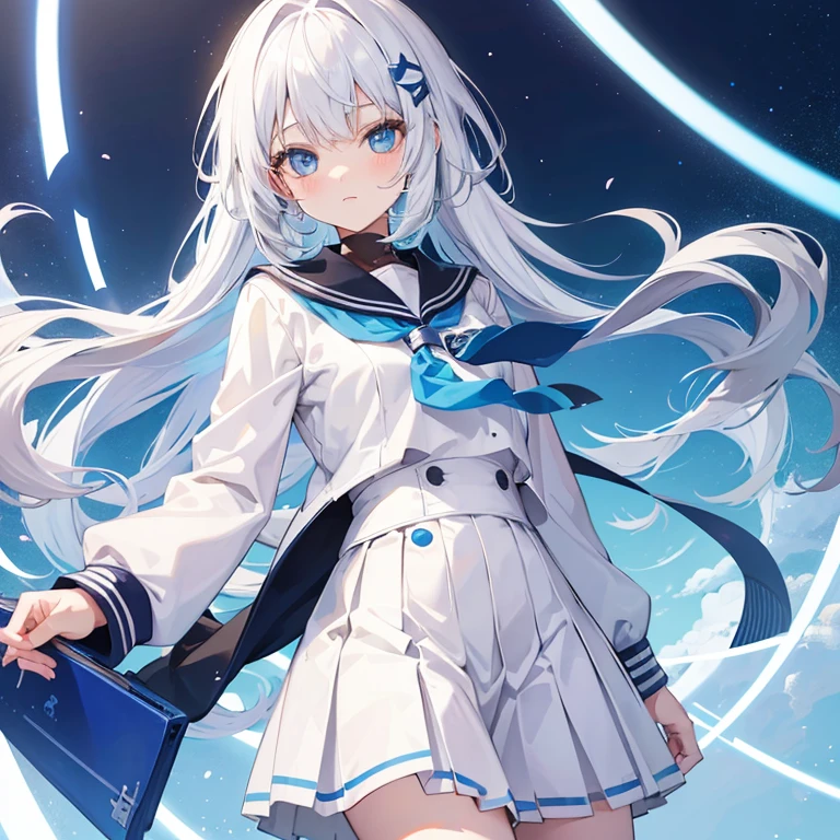 One girl, High school, , White hair with blue tips, light blue eyes, Highschool uniform, cute