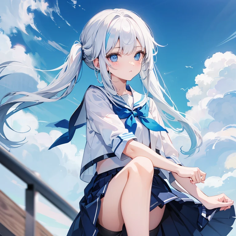 One girl, High school, , White hair with blue tips, light blue eyes, Highschool uniform, cute