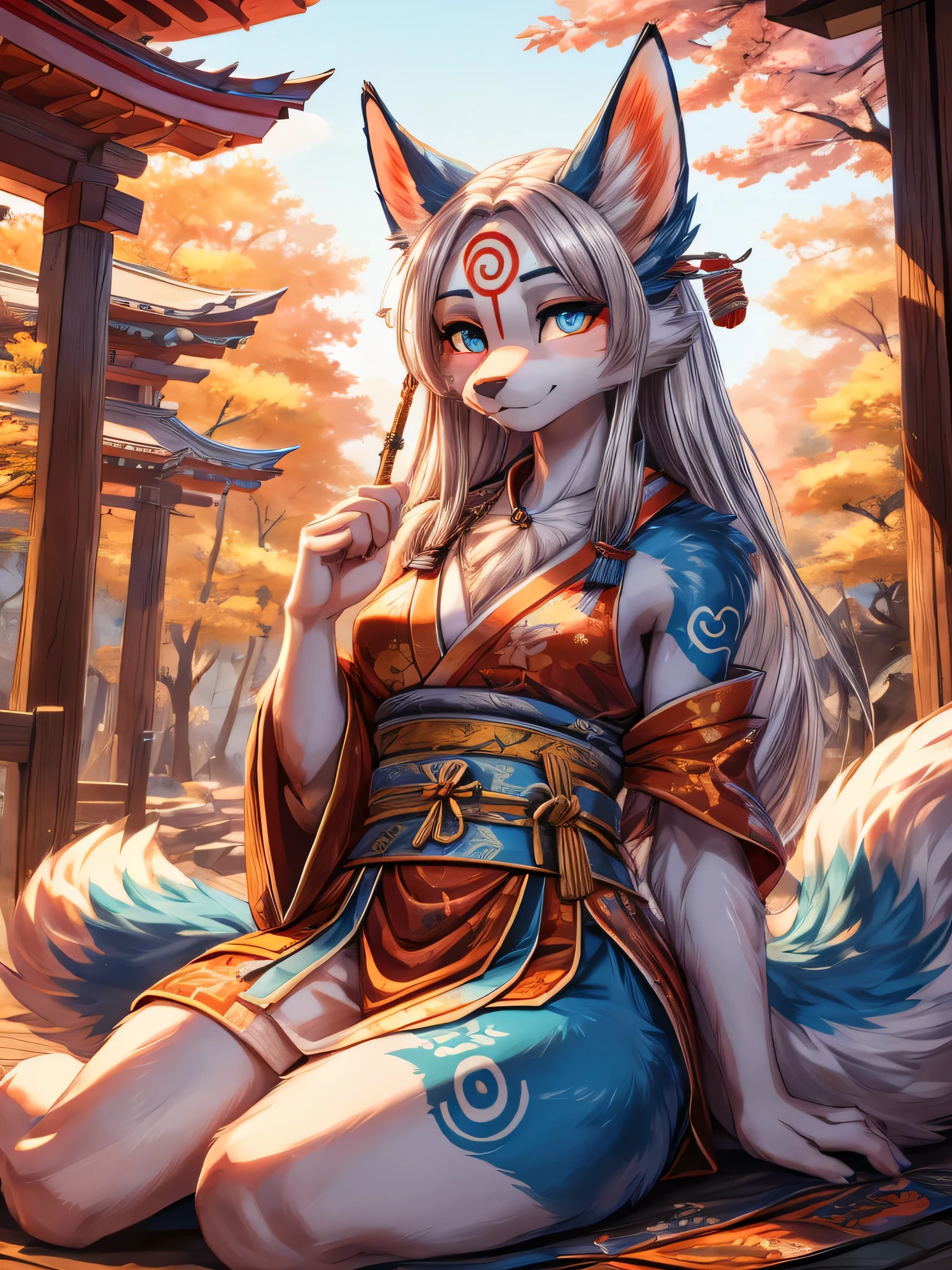 white fur kisune, amaterasu eyes, shinobi add high definition_detail:1, blue fur,kitsune ears, tribal tattoo add_detail:1, pretty girl add_detail:1, feudal priestess clothing add_detail:1, japanese shrine scenery add_detail:1, japanese shrine costume add_detail:1, bare left leg add_detail:1, add full body_detail, under a tori gate, super detailed pupils, beautiful eyes, bright pupils
