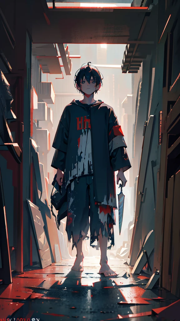 a  with black hair, pale skin, and grey eyes, empty eyes, injured, barefoot, wearing tattered rags, old, torn, dirty, and broken clothes, holding a knife, full body, dynamic perspective, best quality, 4k, 8k, highres, masterpiece, ultra-detailed, realistic, photorealistic, HDR, UHD, studio lighting, ultra-fine painting, sharp focus, physically-based rendering, extreme detail description, professional, vivid colors, bokeh, dark fantasy, dark art, gritty, moody, cinematic lighting