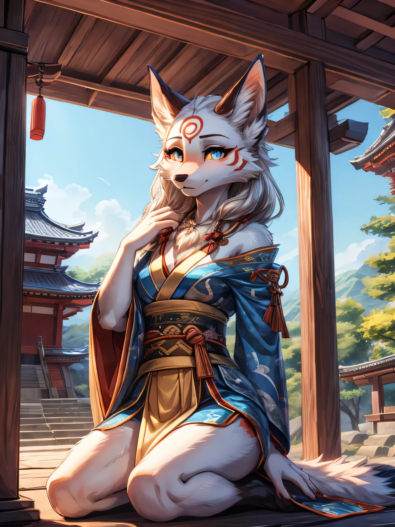 white fur kisune, amaterasu eyes, shinobi add high definition_detail:1, blue fur,kitsune ears, tribal tattoo add_detail:1, pretty girl add_detail:1, feudal priestess clothing add_detail:1, japanese shrine scenery add_detail:1, japanese shrine costume add_detail:1, bare left leg add_detail:1, add full body_detail, under a tori gate, super detailed pupils, beautiful eyes, bright pupils 