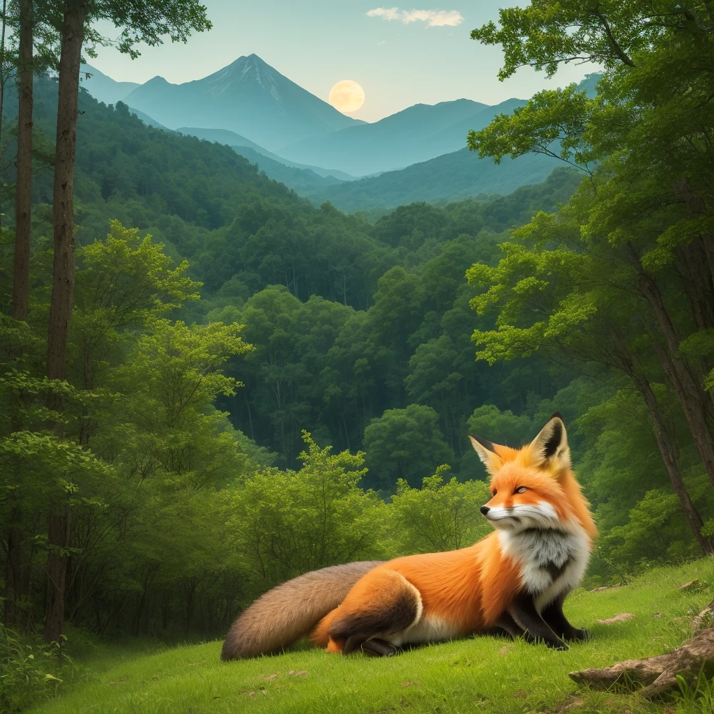 dense and lush green forest, ((detailed red fox head lying)), clear sky, dawn 4:30 AM, mountains, starry sky, fotogenico