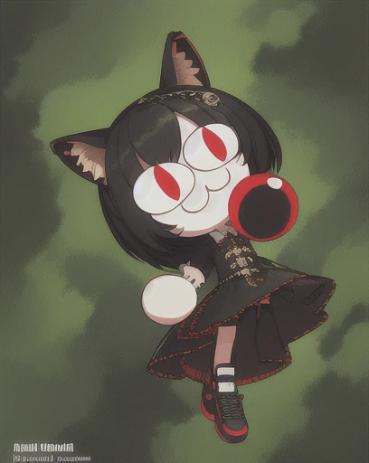 masterpiece, high quality, (High resolution:1.21), (Detailed illustration), (2d), (Mavis Dracula), 1 girl, :>=, (chibi:1.3), Whole body, Alone, slit pupils, Pale skin, short black hair, short sleeve black dress, red and black striped tights, mesh gloves, red canvas sneakers, (Neco-arco:1.4, Necoponer) neco arc ear cat