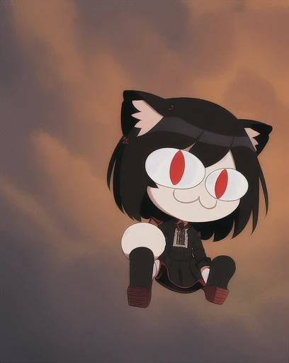 masterpiece, high quality, (High resolution:1.21), (Detailed illustration), (2d), (Mavis Dracula), 1 girl, :>=, (chibi:1.3), Whole body, Alone, slit pupils, Pale skin, short black hair, short sleeve black dress, red and black striped tights, mesh gloves, red canvas sneakers, (Neco-arco:1.4, Necoponer) neco arc ear cat