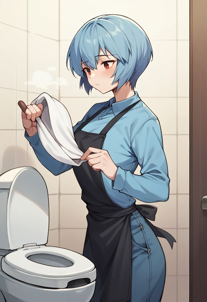 1girl, rei ayanami, ((blue half elbow gloves)), (light blue shirt), ((long sleeves)), (black apron), (pants), cleaning the toilet, solo
