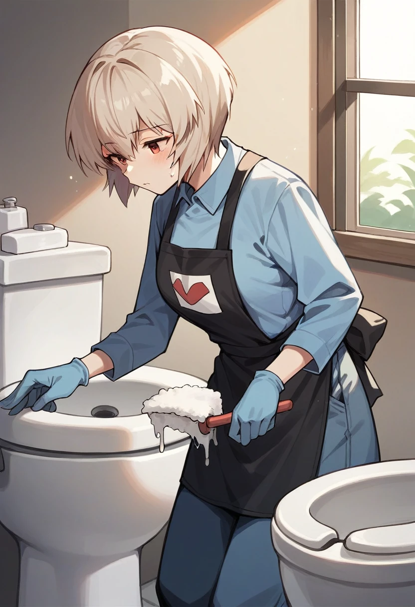 1girl, rei ayanami, ((blue half elbow gloves)), (light blue shirt), ((long sleeves)), (black apron), (pants), cleaning the toilet, solo
