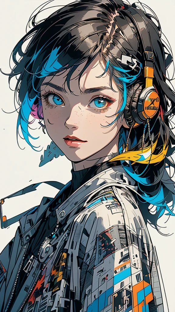 (((masterpiece, highest quality))),(((solo:1.2))),(((1girl:1.2))),32k wallpaper, very detailed, poster, vintage science fiction,(((((geometric cinematic movie poster))))), ((bauhaus)),(shape),(((abstract))),(mid century modern),(((((portfolio))))),(((((Close-up))))),(((((bust up))))),((((more various angle)))),((((highlight)))),((((heterochromia)))),(((complete. detailed face))),((((Extremely talented)))),(((((most complecated futristic machine))))),(Colorful color scheme),(((detailed unlimited complete equipment : headphone like a rail gun))),(((((Absolutely simple background))))),(((Texture for people : grunge))),