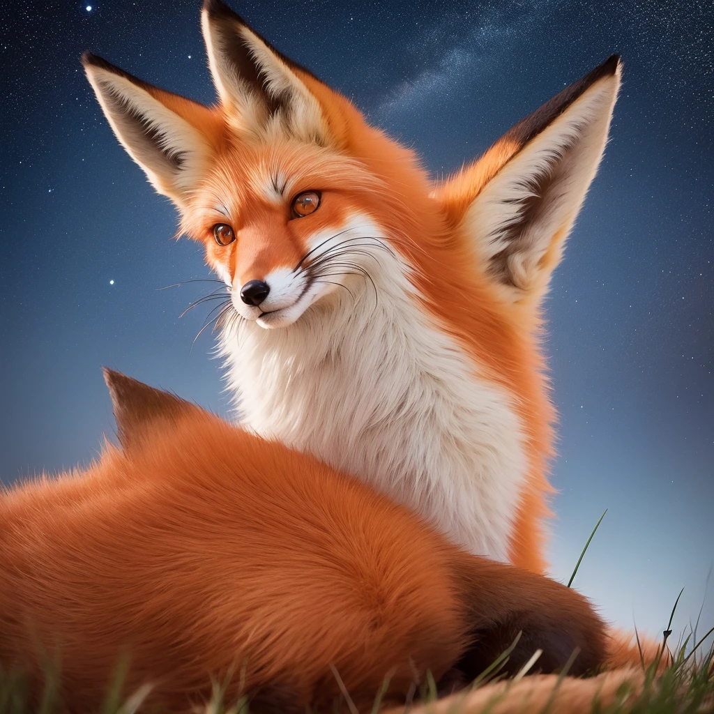 ((detailed red fox head lying)), clear sky, dawning starry sky, fotogenico