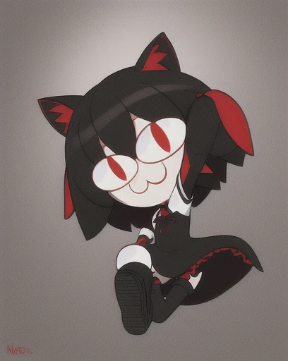 masterpiece, high quality, (high resolution:1.21), (detailed illustration), (2d), (Mavis Dracula), 1girl, :>=, (chibi:1.3), full body, solo, slit pupils, pale skin, short black hair, short sleeve black dress, red and black striped stockings, mesh gloves, red canvas sneakers, (neco-arc:1.4, necopose)  orejas de gato en cabeza 