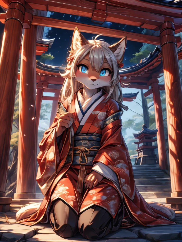 Kistune add high definition_detagregate_detail:1, japanese shrine scenery add_detail:1, Whole body_detail, under a tori gate, super detailed pupils, beautiful eyes, bright pupils, jack-o position