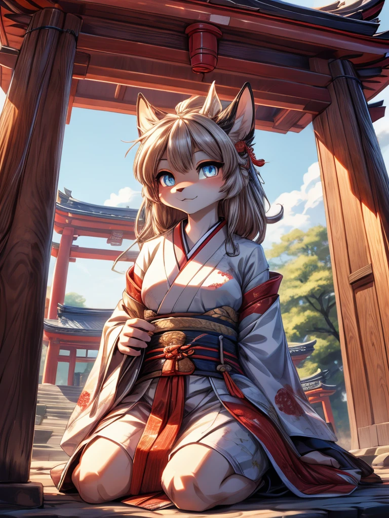 Kistune add high definition_detagregate_detail:1, japanese shrine scenery add_detail:1, Whole body_detail, under a tori gate, super detailed pupils, beautiful eyes, bright pupils, jack-o position