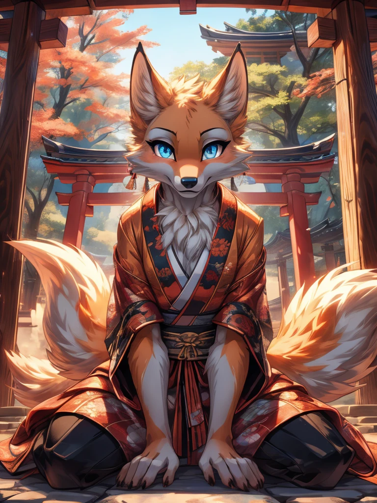 Kitsune white fur add high definition_detagregate_detail:1, japanese shrine scenery add_detail:1, Whole body_detail, under a tori gate, super detailed pupils, beautiful eyes, bright pupils, jack-o position