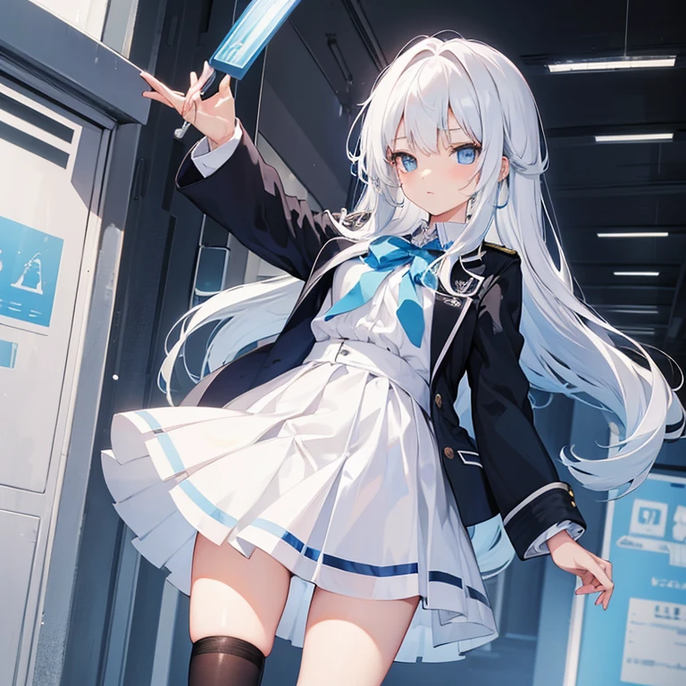 One girl, High school, White hair with blue tips, light blue eyes, black Highschool uniform, cute, small