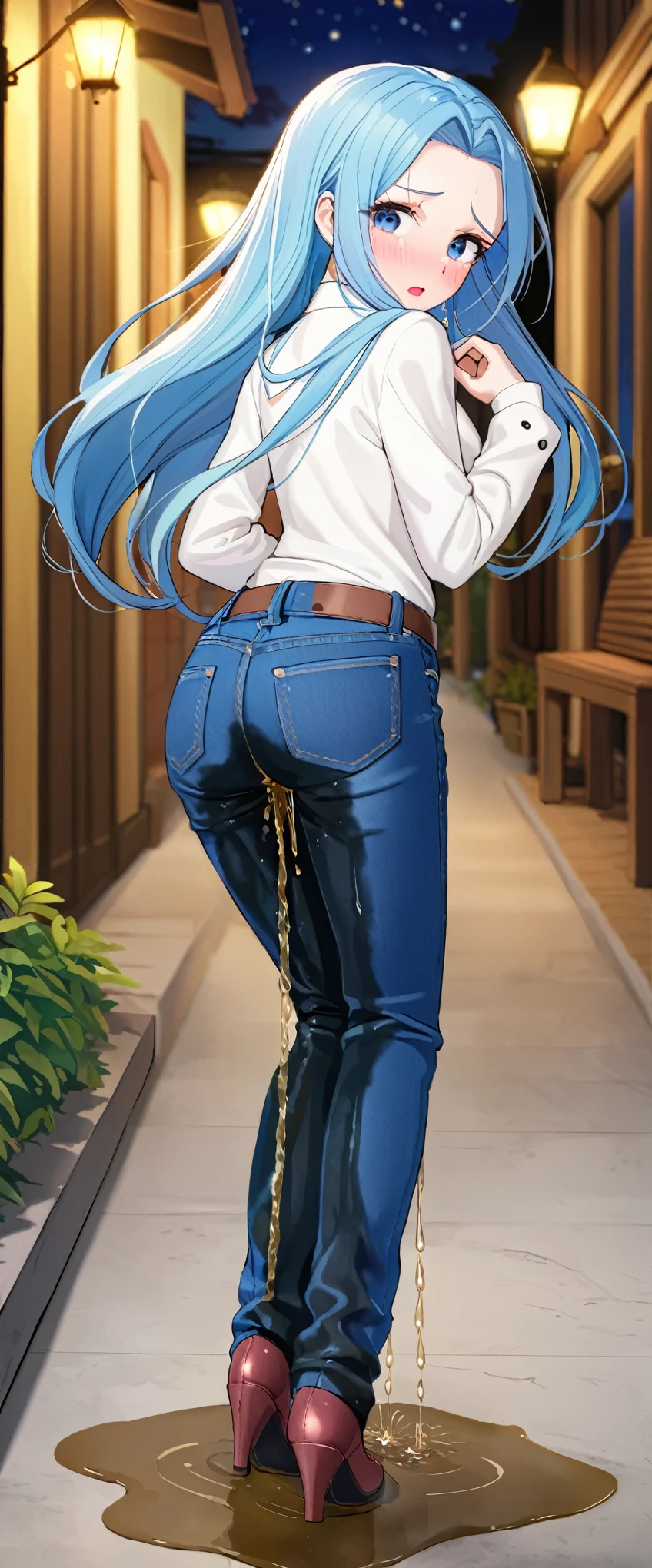 ((best quality, masterpiece:1.3, 8K)), (detailed), highly detailed face and skin texture, detailed eyes, downtown, full body, slender body, 1girl, 25 years old, white skin, blue eyes, worried, embarrassed, long hair, (forehead:0.8), (stylish top:1.2), denim pants, blue jeans, footwear, peeing jeans, peeing pants, pee stain, (wetting herself), desperation,