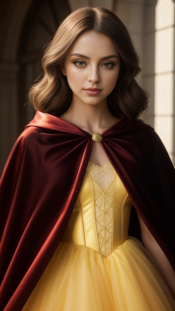 full body, a gorgeous -old girearing a red satin cape cloak, yellow tulle ball gown, flirtatious smirk, stunning eyeliner, tiktok girl, ig model, perfect human female specimen, pale skin, long straight brown hair, bathed in ambient and mysterious intense sunlight, diffused light, beautiful digital art render, Intricately Detailed, Vibrant, Sharp Focus, Unreal Engine, Beautiful, Radiant, 4K, Organic Tracery, Perfect Composition, Glaze, Vibrant Volumetric Lighting, Extreme Detail, Ultra HD