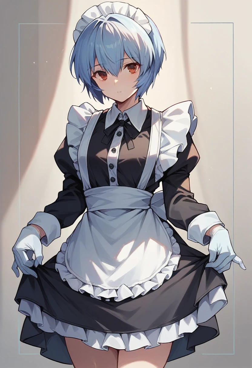 1girl, rei ayanami, ((blue medical gloves)), (black maid uniform), ((long sleeves)), looking at viewer, standing, solo

