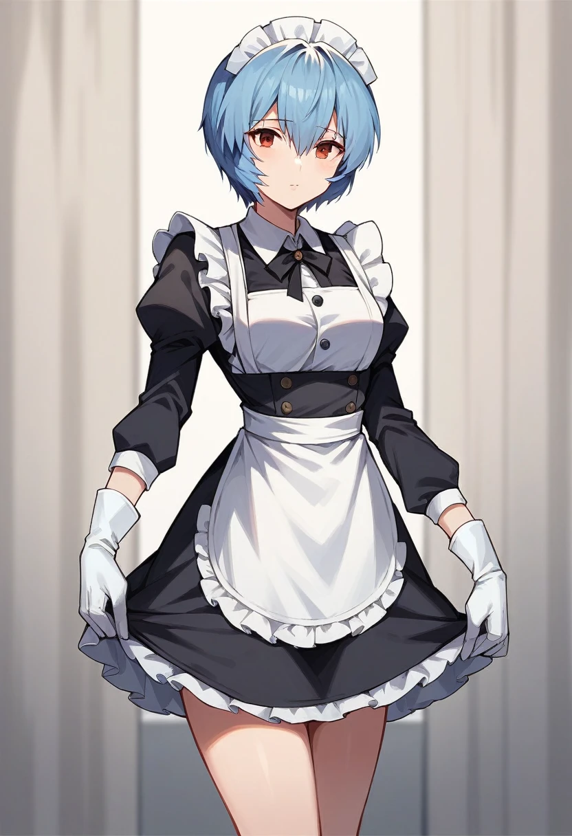 1girl, rei ayanami, ((blue medical gloves)), (black maid uniform), ((long sleeves)), looking at viewer, standing, solo