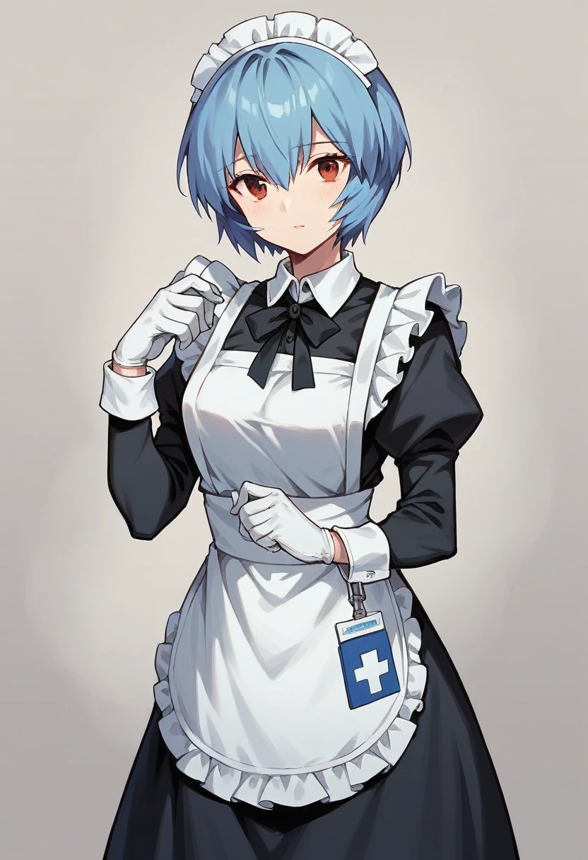 1girl, rei ayanami, ((blue medical gloves)), (black maid uniform), ((long sleeves)), looking at viewer, standing, solo