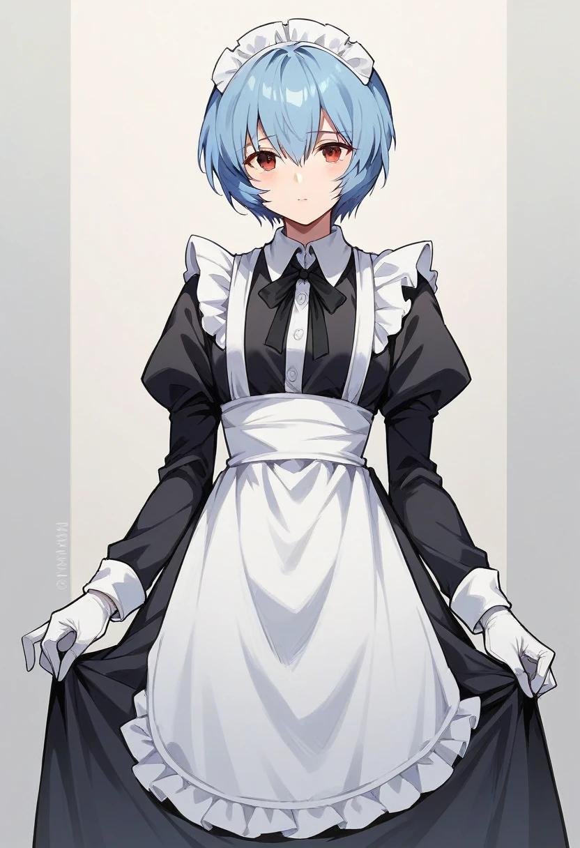 1girl, rei ayanami, ((blue medical gloves)), (black maid uniform), ((long sleeves)), looking at viewer, standing, solo