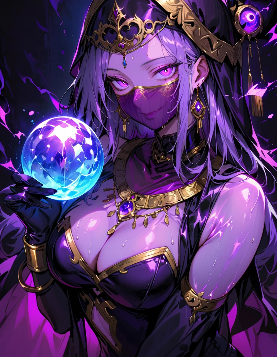 1 mature woman,,(Highest quality,Extremely detailed depiction,Incredibly absurd high resolution,Anatomically accurate depiction,Curvy Legs),(Glowing Skin,Shiny skin),(Glowing Skin,Shiny skin,Oilskin),(Sexy fortune teller),(A face veil that hides the mouth:1.5),(Luxurious accessories,Earrings,necklace,Bracelet,Long gloves,Sexy Costumes,See-through,black tights),eyelash,A little sweat,(Purple Eyes,Detailed pupil,Half-closed eyes:1.5,Crazy Eyes,There is cleavage in the chest,Bewitching Smile,glossy purple lipstick),(Holding a mysteriously glowing crystal ball),background:Fortune Telling House,Mysterious atmosphere