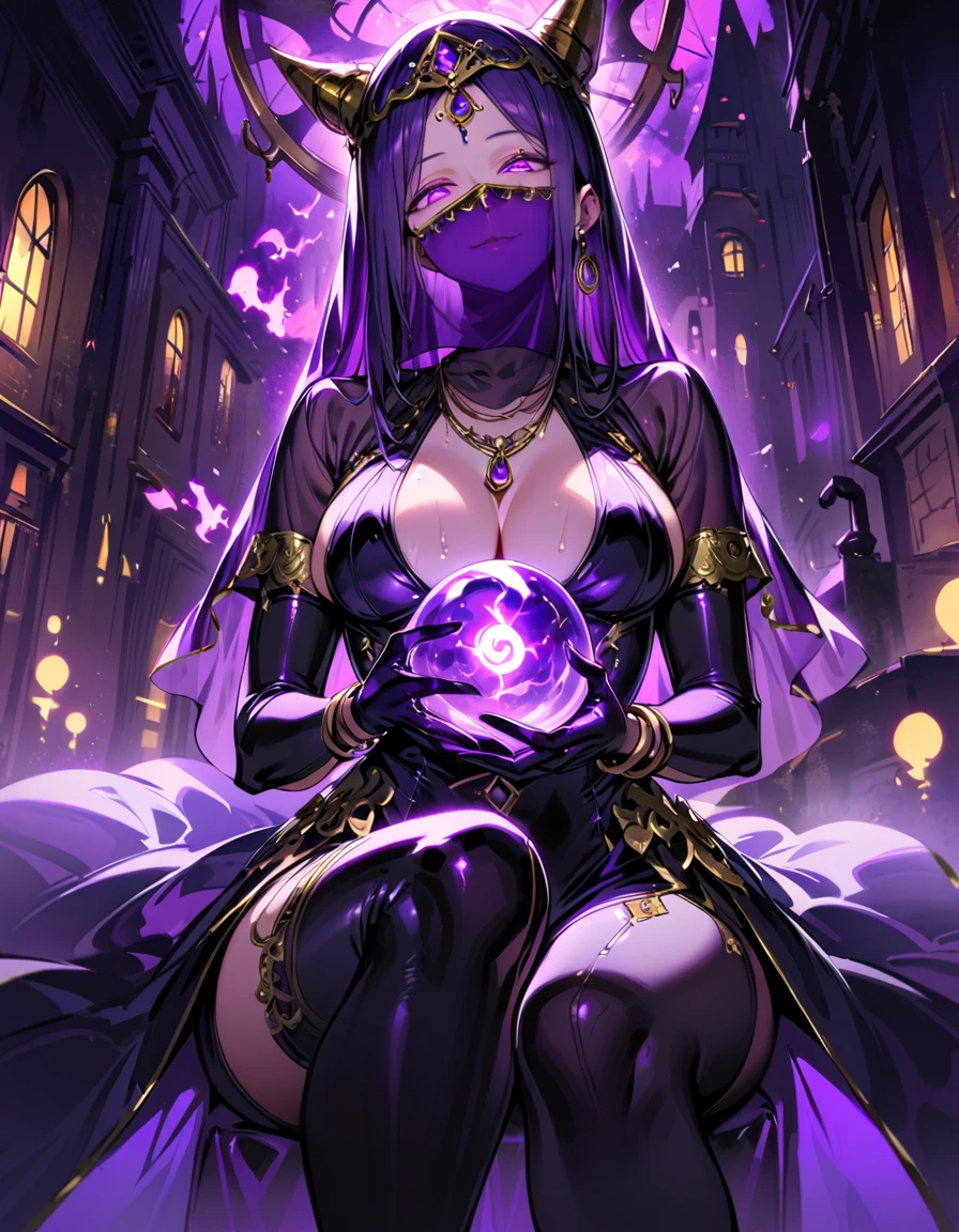 1 mature woman,,(Highest quality,Extremely detailed depiction,Incredibly absurd high resolution,Anatomically accurate depiction,Curvy Legs),(Glowing Skin,Shiny skin),(Glowing Skin,Shiny skin,Oilskin),(Sexy fortune teller),(A face veil that hides the mouth:1.5),(Luxurious accessories,Earrings,necklace,Bracelet,Long gloves,Sexy Costumes,See-through,black tights),eyelash,A little sweat,(Purple Eyes,Detailed pupil,Half-closed eyes:1.5,Crazy Eyes,There is cleavage in the chest,Bewitching Smile,glossy purple lipstick),(Holding a mysteriously glowing crystal ball),background:Fortune Telling House,Mysterious atmosphere