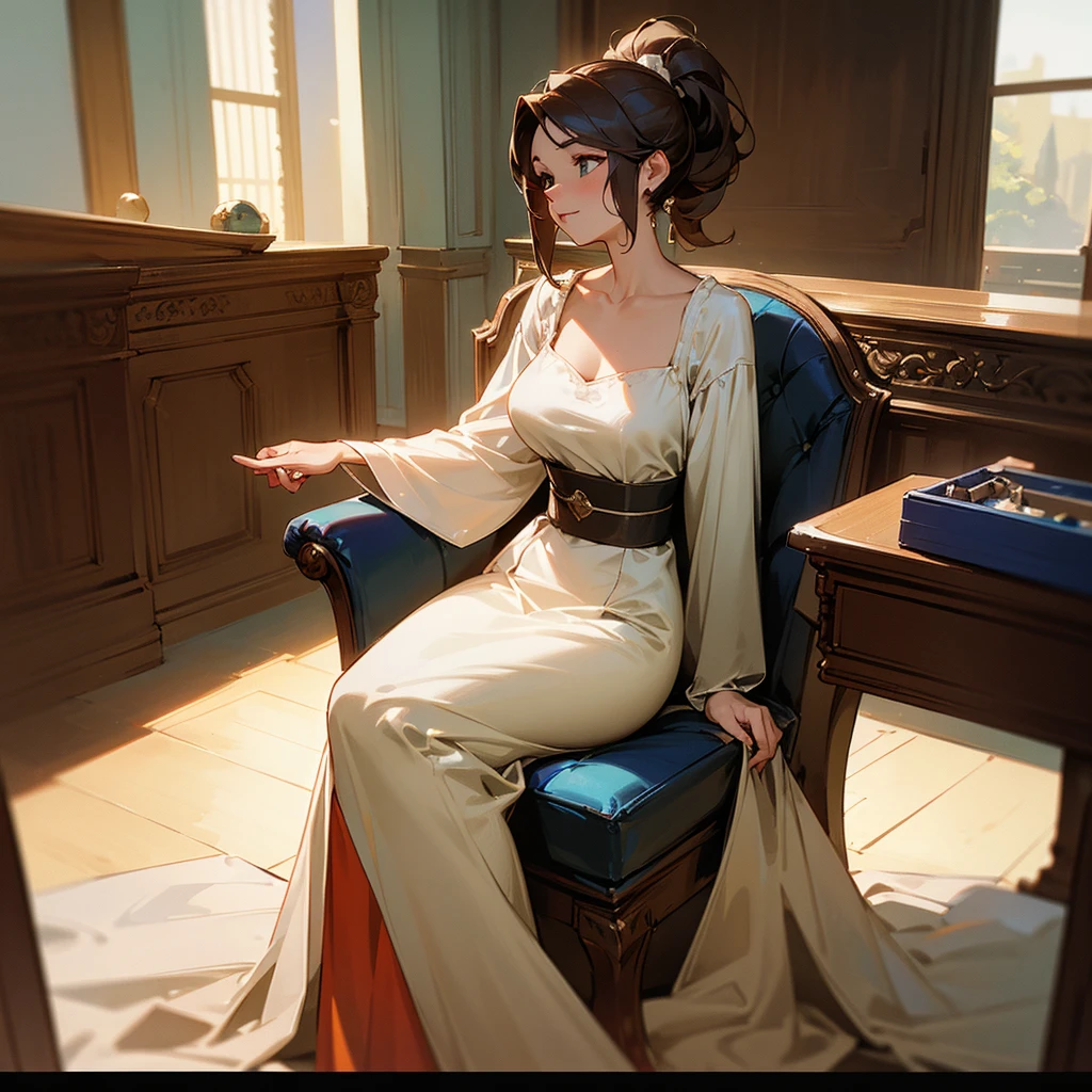 A full-length photo of a woman sitting at a table, playing a video game. She is wearing a comfortable vintage-style outfit with a soft neckline., and she has a relaxed expression on her face. There's a gaming headset on your head, and your hands are on the keyboard and mouse.